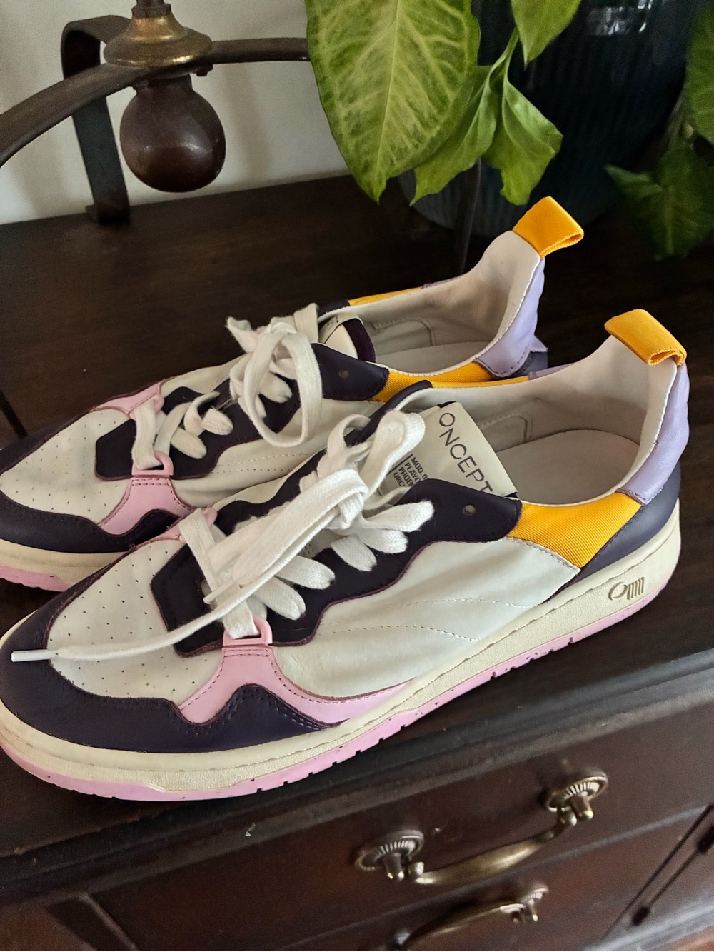Oncept White Leather Sneakers with Pink, Purple & Yellow Accents
